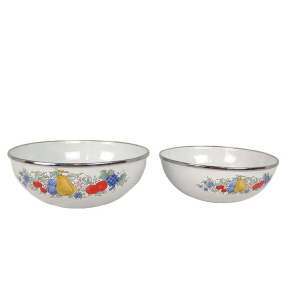 Set 2 Vtg White Metal Enamelware Fruit Serving Mixing Nesting Bowls Kobe Japan? - Picture 3 of 8